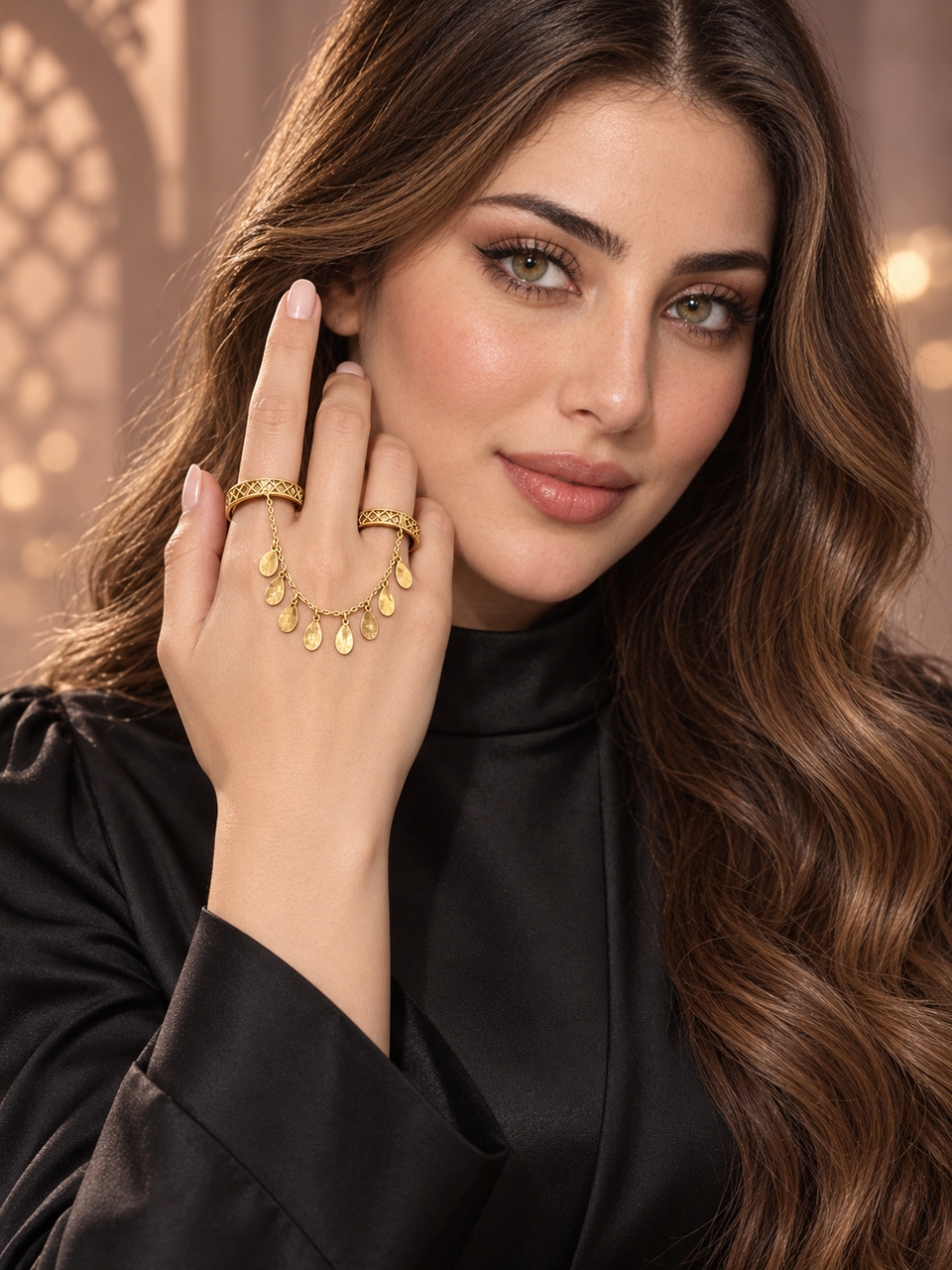 18k gold double string ring with chains and teardrops, 5.32g